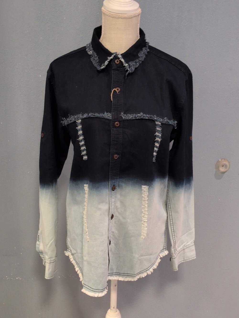 NWT Seveneagle Ombre Denim Raw Hem Cotton Blend Button Down Shirt Western Retro